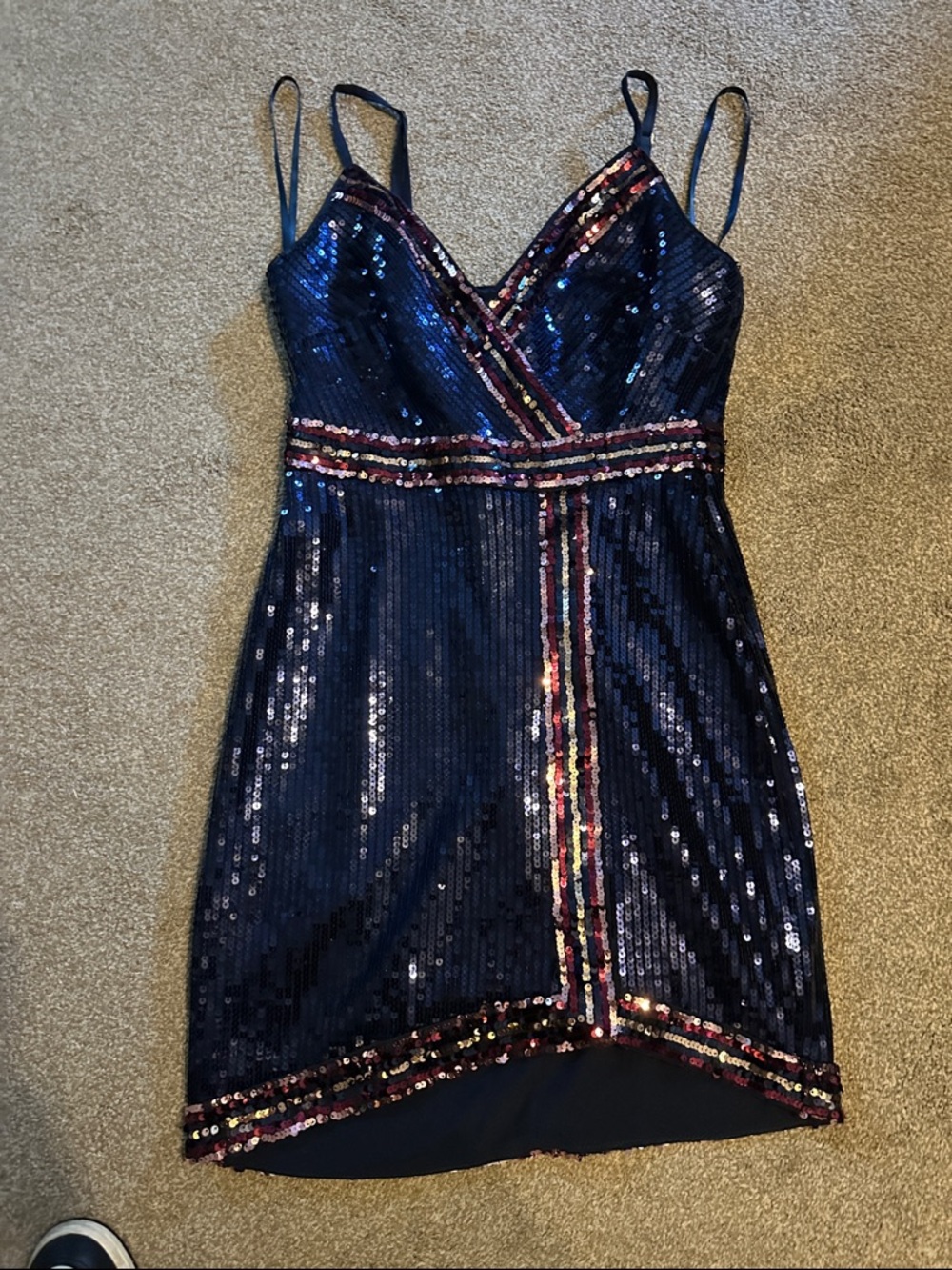 BCBGMaxAzria Navy Sequin Wrap Mini with Multicolor Trim